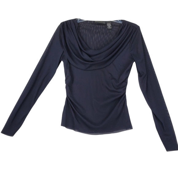 ATTENTION Stretch illusion net Cowl Neck Black Long Sleeve Top Sz M - Picture 2 of 9